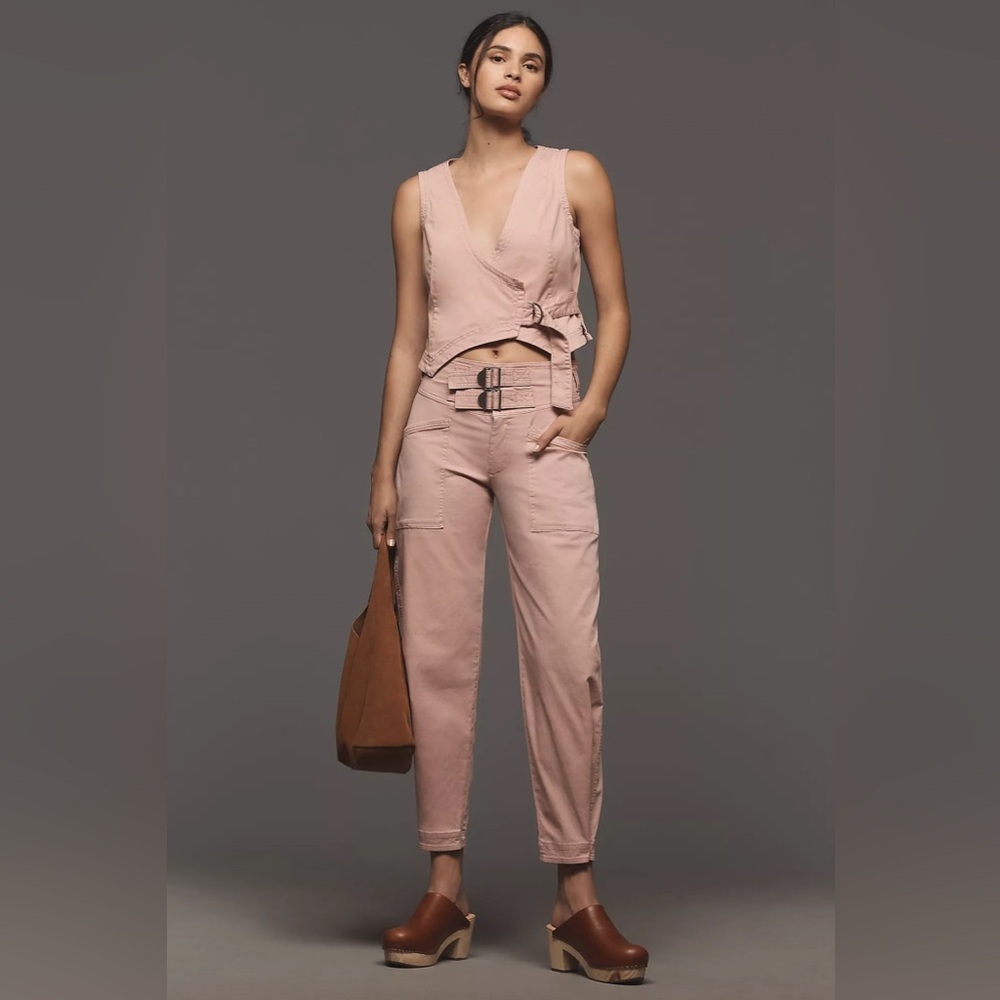 By Anthropologie Linen Buckle-Front Barrel Pants Size 10 With Defect See Pics